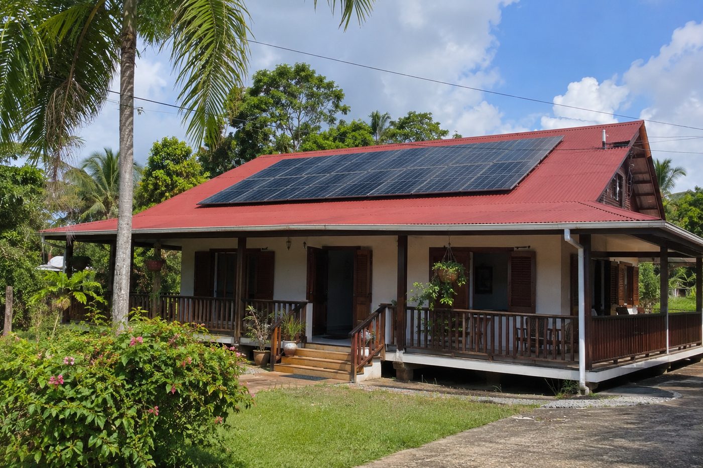 Maison créole guyanaise équipée d'une installation photovoltaïque en toiture